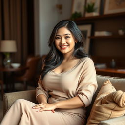 A beautiful Indo-Chinese woman with a curvy yet slender figure, embodying a relaxed and inviting vibe as the wife of a wealthy individual