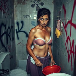 A sad mature maid wearing a bikini-style uniform, with a look of melancholy on her face, scrubbing a tagged bathroom wall that is adorned with vibrant graffiti