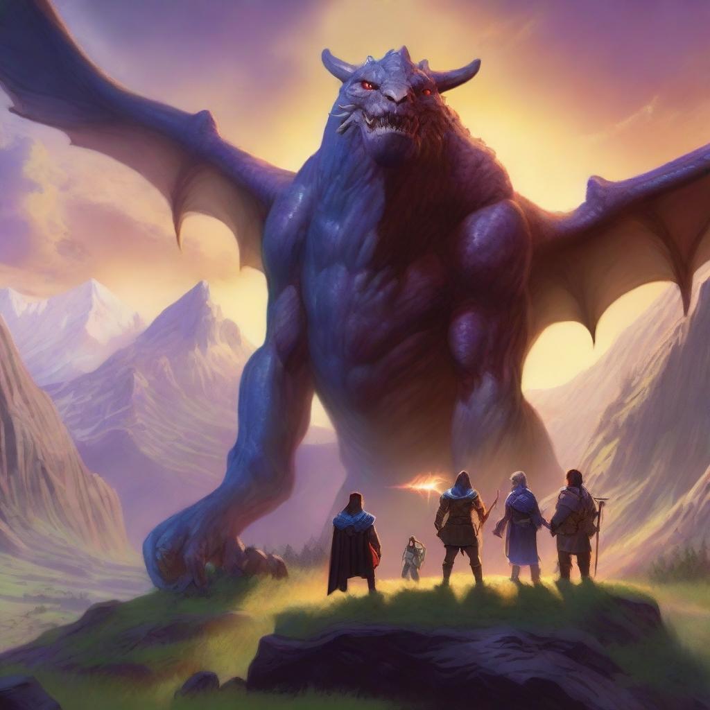 A Distant, cosmic vantage point captures a Dungeons and Dragons party of four, not in brutal combat, but in sweet camaraderie with the Behemoths in the valley under the setting sun, their bodies bathed in galactic light