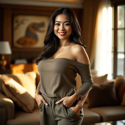 A stunning Indo-Chinese woman with a voluptuous figure, exuding a relaxed and inviting demeanor as the wife of a wealthy individual