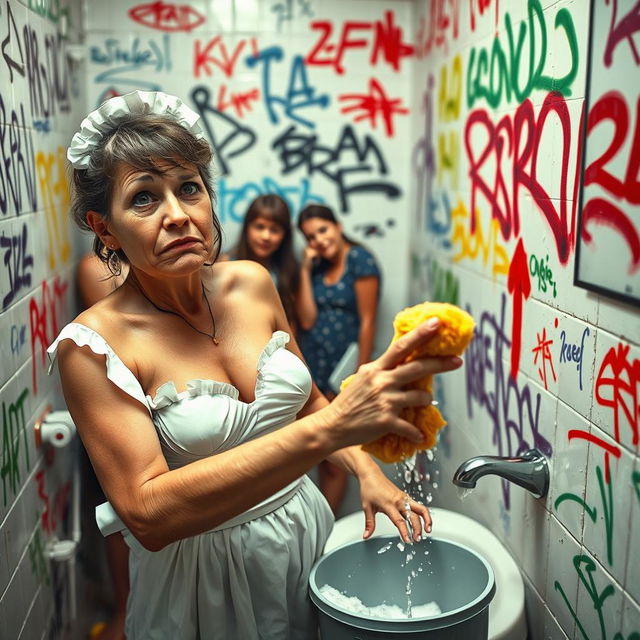 A sad mature maid wearing a bikini-style uniform, with a look of sorrow on her face, scrubbing a tagged bathroom wall adorned with colorful graffiti