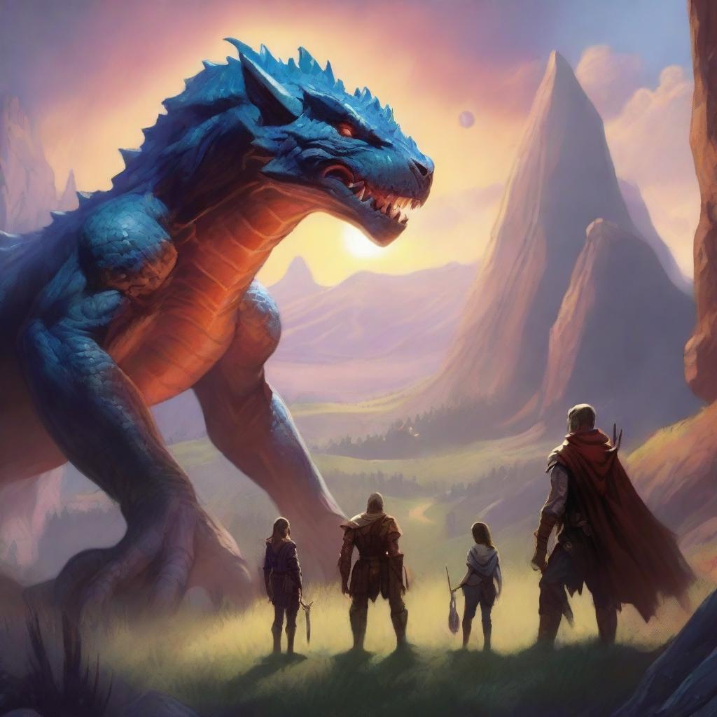 A Distant, cosmic vantage point captures a Dungeons and Dragons party of four, not in brutal combat, but in sweet camaraderie with the Behemoths in the valley under the setting sun, their bodies bathed in galactic light