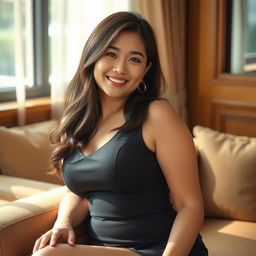 A beautiful Indo-South Korean woman with a voluptuous figure, exuding a relaxed and charming demeanor as the wife of a friend