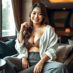 A beautiful Indo-South Korean woman with a voluptuous figure, exuding a relaxed and charming demeanor as the wife of a friend