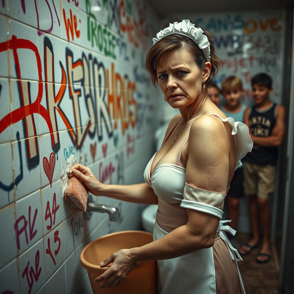 A sad mature maid wearing a bikini-style uniform, showing a look of sadness as she scrubs a bathroom wall covered in colorful graffiti tags