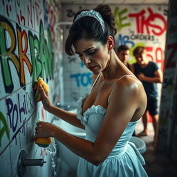 A sad mature maid wearing a bikini-style uniform, showing a look of sadness as she scrubs a bathroom wall covered in colorful graffiti tags
