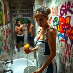 A sad mature maid wearing a bikini-style uniform, showing a look of sadness as she scrubs a bathroom wall covered in colorful graffiti tags