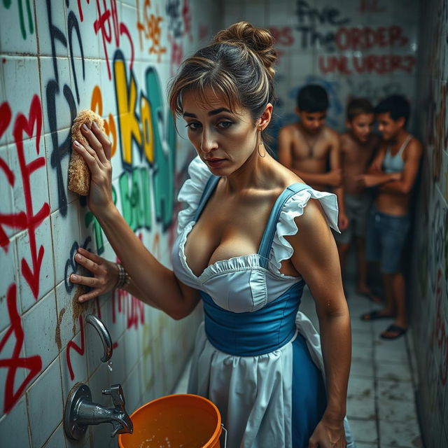 A sad mature maid wearing a bikini-style uniform, showing a look of sadness as she scrubs a bathroom wall covered in colorful graffiti tags