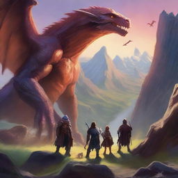 A Distant, cosmic vantage point captures a Dungeons and Dragons party of four, not in brutal combat, but in sweet camaraderie with the Behemoths in the valley under the setting sun, their bodies bathed in galactic light