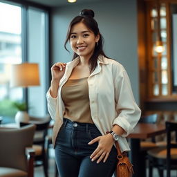 A captivating Indo-South Korean woman with a full figure, radiating a relaxed and playful demeanor as she is the wife of a friend