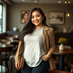 A captivating Indo-South Korean woman with a full figure, radiating a relaxed and playful demeanor as she is the wife of a friend