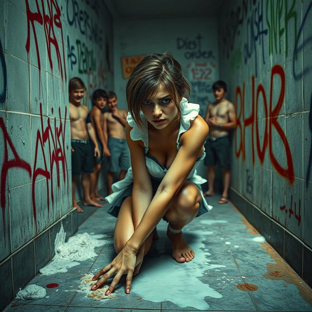 A sad mature maid wearing a bikini-style uniform, scrubbing a tagged bathroom wall while in an all-fours position, her expression reflecting sorrow and exhaustion