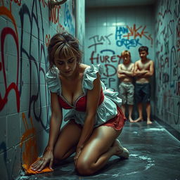 A sad mature maid wearing a bikini-style uniform, scrubbing a tagged bathroom wall while in an all-fours position, her expression reflecting sorrow and exhaustion