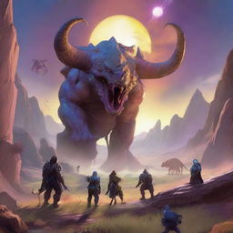 An ultra-realistic scene, akin to the style of Borderlands Two, showing a Dungeons and Dragons party of four befriending Behemoths in a valley, under a setting sun that bleeds into a surreal galaxy, instead of battling them