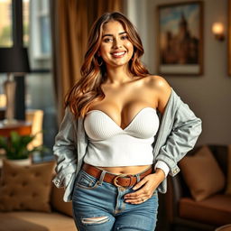 A beautiful Indo-Russian woman with a curvaceous figure, exuding a relaxed and enchanting charm as the wife of a friend