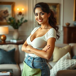 A stunning Indo-Russian woman with an alluring figure, embodying the role of a housekeeper