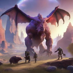 An ultra-realistic scene, akin to the style of Borderlands Two, showing a Dungeons and Dragons party of four befriending Behemoths in a valley, under a setting sun that bleeds into a surreal galaxy, instead of battling them