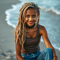 A beautiful girl with long, curly blonde hair styled in dreadlocks, featuring captivating green eyes and brown skin