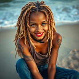 A beautiful girl with long, curly blonde hair styled in dreadlocks, featuring captivating green eyes and brown skin