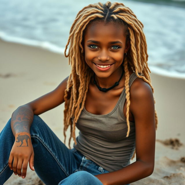 A beautiful girl with long, curly blonde hair styled in dreadlocks, featuring captivating green eyes and brown skin