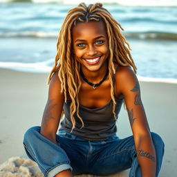 A beautiful girl with long, curly blonde hair styled in dreadlocks, featuring captivating green eyes and brown skin