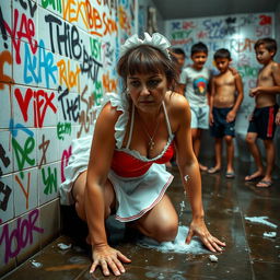 A sad mature maid in a bikini-style uniform, on all fours scrubbing a bathroom wall that is covered in colorful graffiti tags