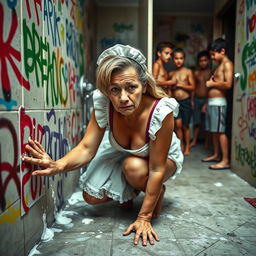 A sad mature maid in a bikini-style uniform, on all fours scrubbing a bathroom wall that is covered in colorful graffiti tags