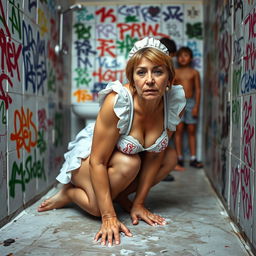 A sad mature maid in a bikini-style uniform, on all fours scrubbing a bathroom wall that is covered in colorful graffiti tags