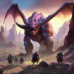 An ultra-realistic scene, akin to the style of Borderlands Two, showing a Dungeons and Dragons party of four befriending Behemoths in a valley, under a setting sun that bleeds into a surreal galaxy, instead of battling them