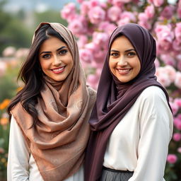 A stunning portrait of two beautiful women, Cansu and Burcu, wearing elegant hijabs