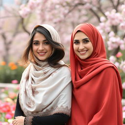 A stunning portrait of two beautiful women, Cansu and Burcu, wearing elegant hijabs