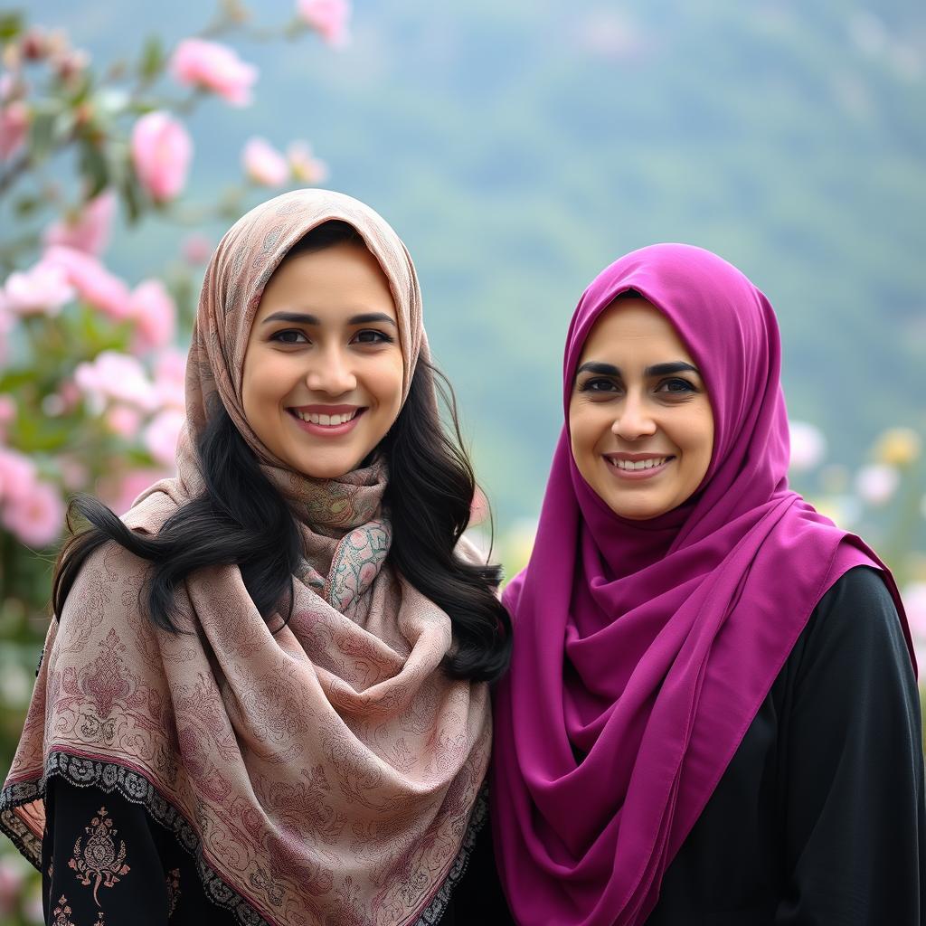 A stunning portrait of two beautiful women, Cansu and Burcu, wearing elegant hijabs