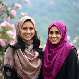 A stunning portrait of two beautiful women, Cansu and Burcu, wearing elegant hijabs