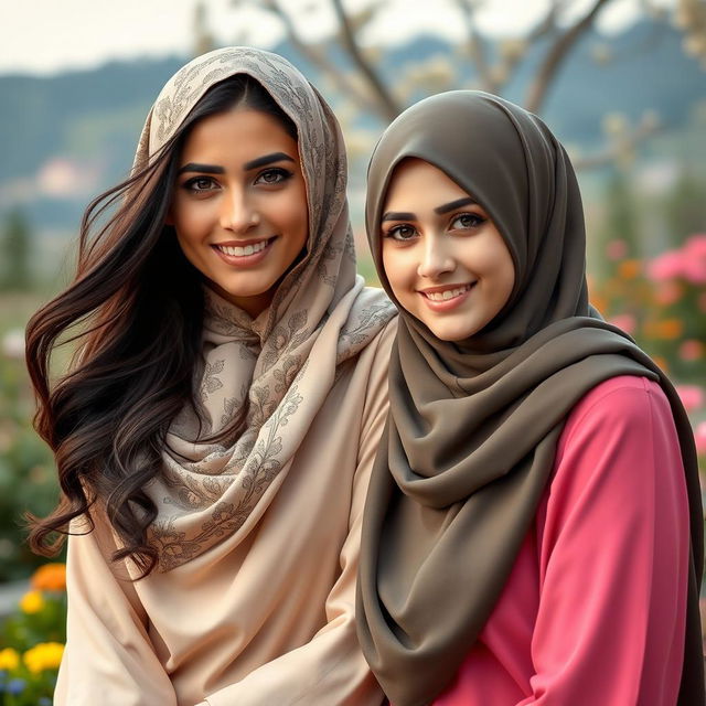 A stunning portrait of two beautiful women, Cansu and Burcu, wearing elegant hijabs