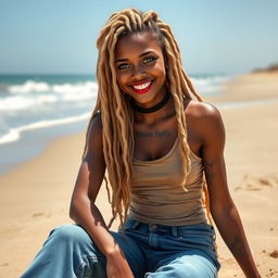 A beautiful girl with long curly blonde hair styled into dreadlocks, showcasing her vibrant green eyes and brown skin