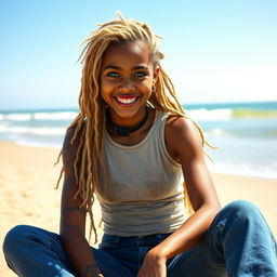 A beautiful girl with long curly blonde hair styled into dreadlocks, showcasing her vibrant green eyes and brown skin