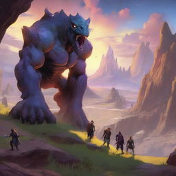 An ultra-realistic scene, akin to the style of Borderlands Two, showing a Dungeons and Dragons party of four befriending Behemoths in a valley, under a setting sun that bleeds into a surreal galaxy, instead of battling them