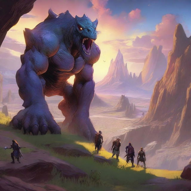 An ultra-realistic scene, akin to the style of Borderlands Two, showing a Dungeons and Dragons party of four befriending Behemoths in a valley, under a setting sun that bleeds into a surreal galaxy, instead of battling them