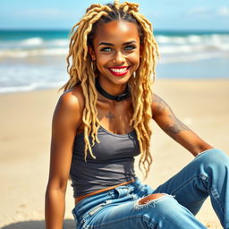 A beautiful girl with long curly blonde hair styled into dreadlocks, showcasing her vibrant green eyes and brown skin