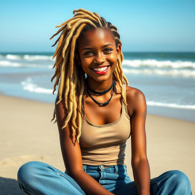 A beautiful girl with long curly blonde hair styled into dreadlocks, showcasing her vibrant green eyes and brown skin