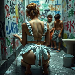 A sad mature maid in a bikini-style uniform, depicted from behind on all fours scrubbing a bathroom wall adorned with colorful graffiti tags