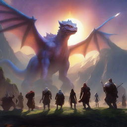 An ultra-realistic, 4K HD image showcasing a Dungeons and Dragons party of four, serenely interacting with Behemoths in a valley