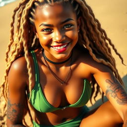 A beautiful girl with long, curly blonde hair styled in dreadlocks and mesmerizing green eyes