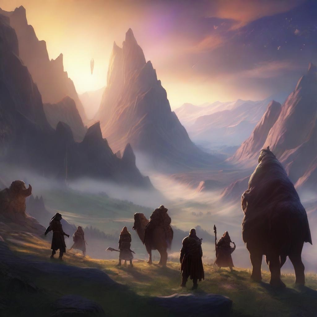 An ultra-realistic, 4K HD image showcasing a Dungeons and Dragons party of four, serenely interacting with Behemoths in a valley