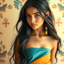 A beautiful Egyptian girl with long hair, wearing a dress without a neckline, shown from the waist up