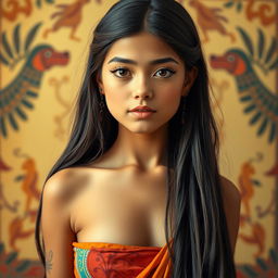 A beautiful Egyptian girl with long hair, wearing a dress without a neckline, shown from the waist up