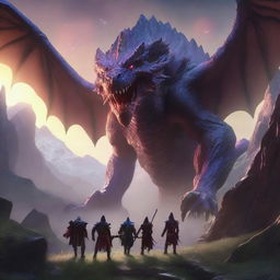 An ultra-realistic, 4K HD image showcasing a Dungeons and Dragons party of four, serenely interacting with Behemoths in a valley