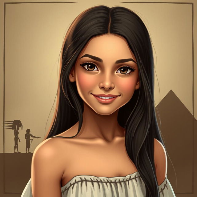 A beautiful Egyptian girl with long hair, wearing a modest dress without a neckline, portrayed waist up