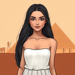 A beautiful Egyptian girl with long hair, wearing a modest dress without a neckline, portrayed waist up