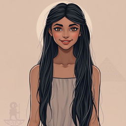 A beautiful Egyptian girl with long hair, wearing a modest dress without a neckline, portrayed waist up